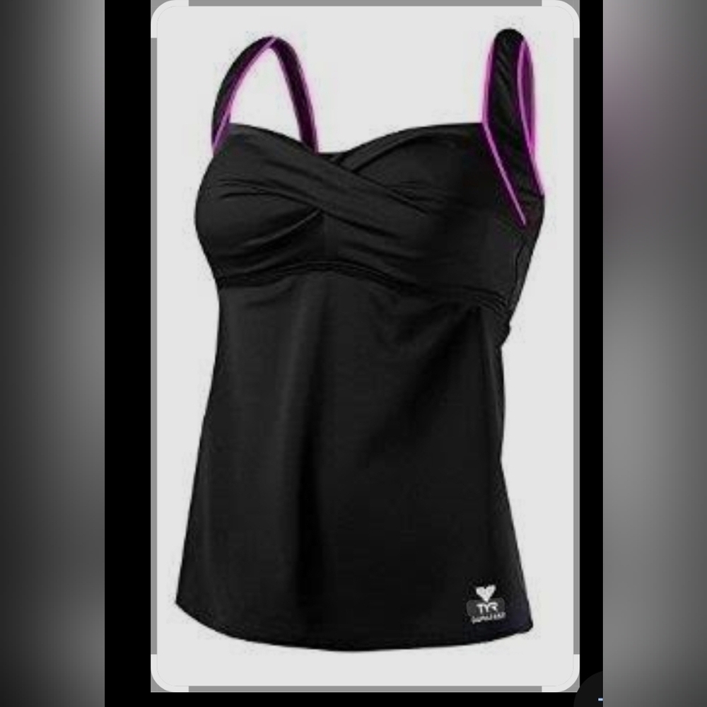 TYR Durafast Elite Women Solid Black W/pink Twisted Bra Swim Tankini SZ 8 New